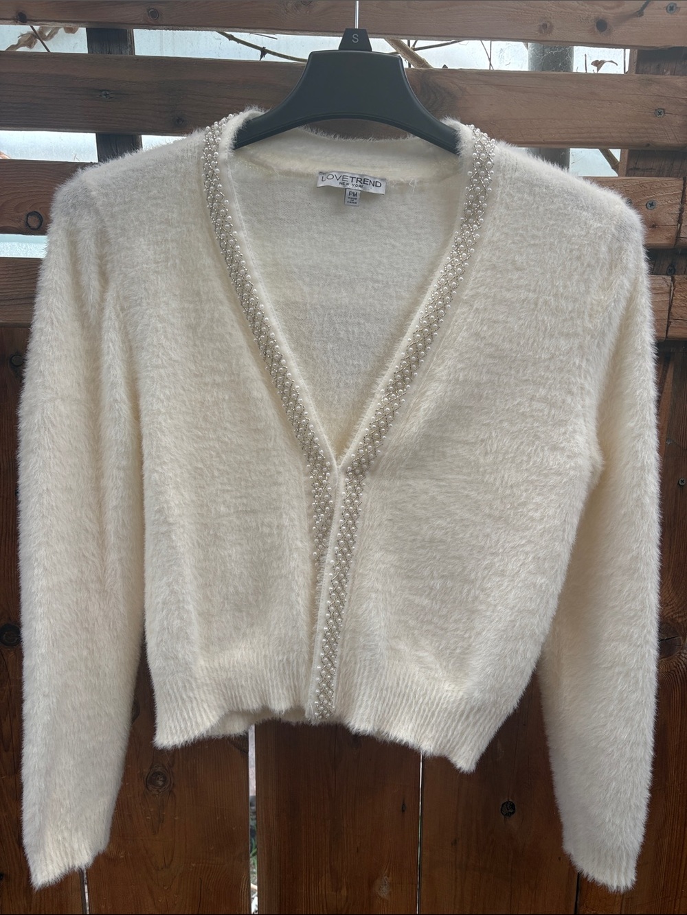 Cream Pearl-Trim V-Neck Cardigan Sweater